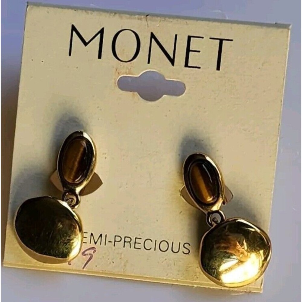 Vintage Monet  tiger eye dangle earrings natural stone Clip-ons
